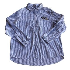 Jiwa White and Black Stripes with Mickey Mouse & Pluto Button Up Shirt US S